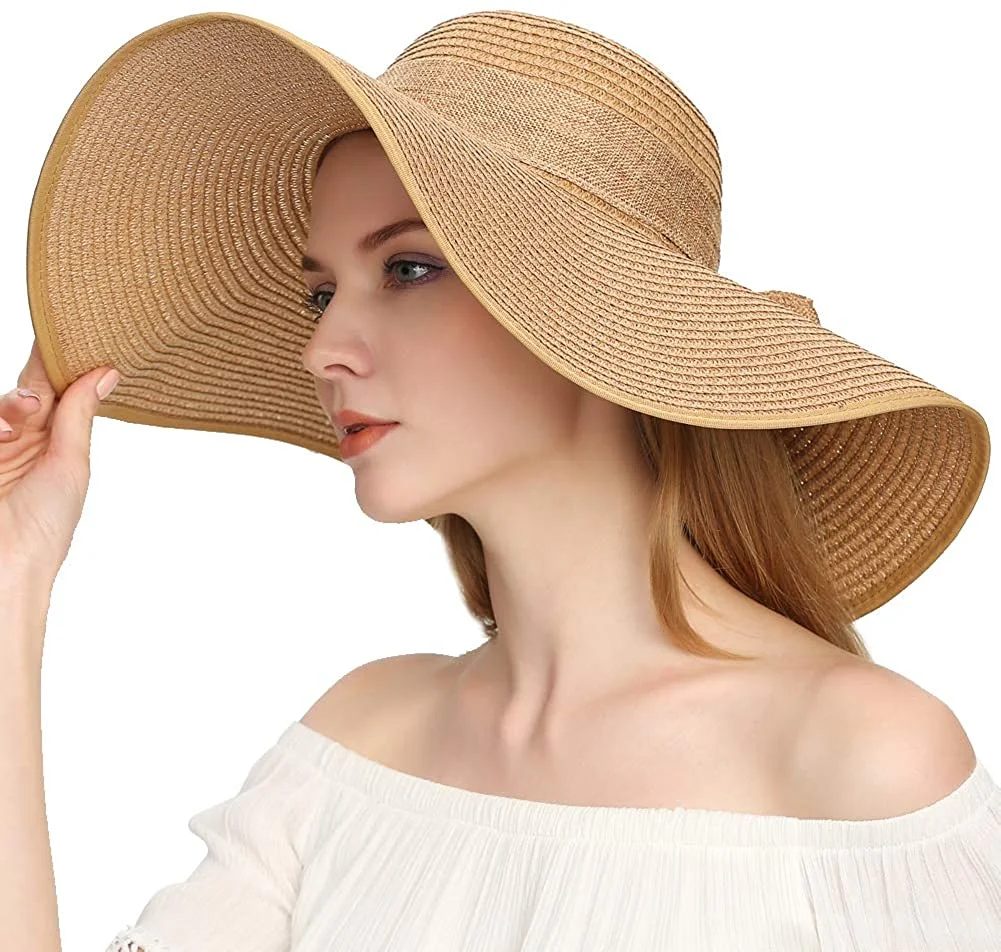Wide Brime Sun Straw Hat for Women Bow-Knot UV UPF 50+Travel Foldable Summer UV Hat Beach Cap