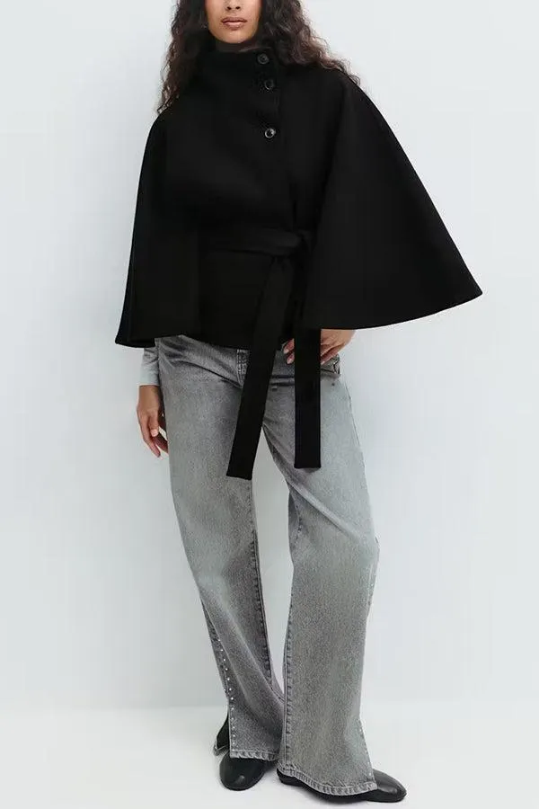 Women's Plain Front Buckle Belted Woolen Cape Coat, Casual Fall & Winter Outerwear, Stylish Daily Wear for Dating, Jackets