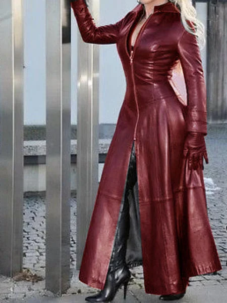 Women Zipper Long Sleeve PU Coat