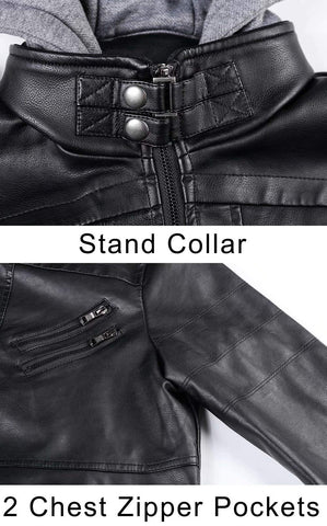 Men's Stand Collar PU Faux Leather Jacket 6 Pockets Motorcycle Bomber Fall Winter Jacket with a Removable Hood