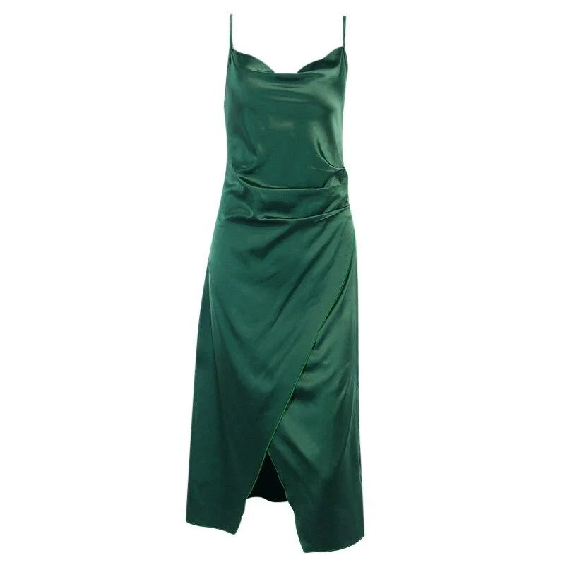 2023 New Fashion Spaghetti Strap Women's Dress  V-neck High Split Satin Party Dress Elegant Solid Color Wrap Dresses Vintage