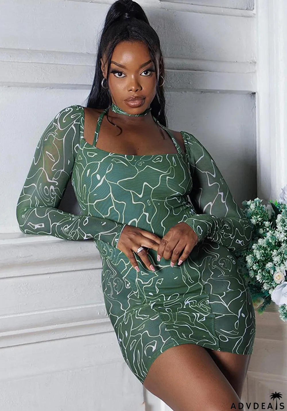 Women Fall Halter Neck Long Sleeve Tie Print Bodycon Dress