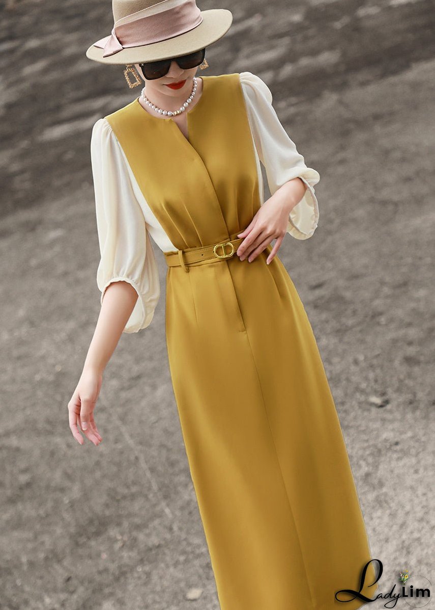 Classy Yellow O Neck Tie Waist Cotton Dress Bracelet Sleeve