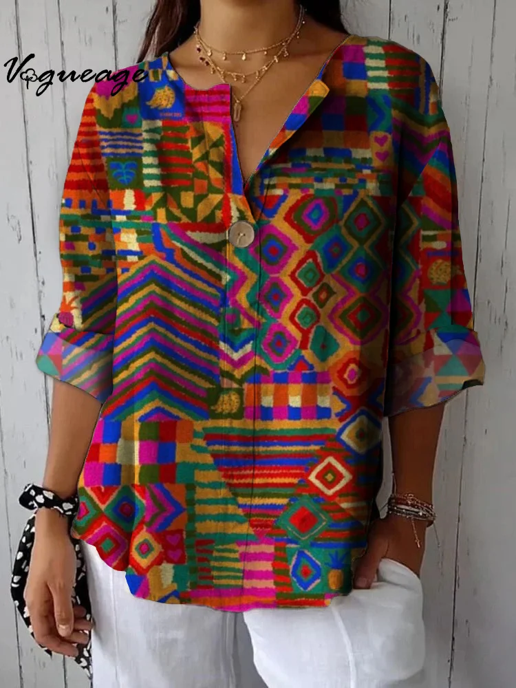 Fashion Striped Color Block Ethnic Style Printed Cotton And Linen Shirt