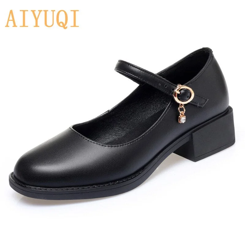 AIYUQI Women's Shoes Genuine Leather 2021 New Mid-heel Mary Jane Shoes Women Shiny Fashion Large Size Ladies Office Shoes