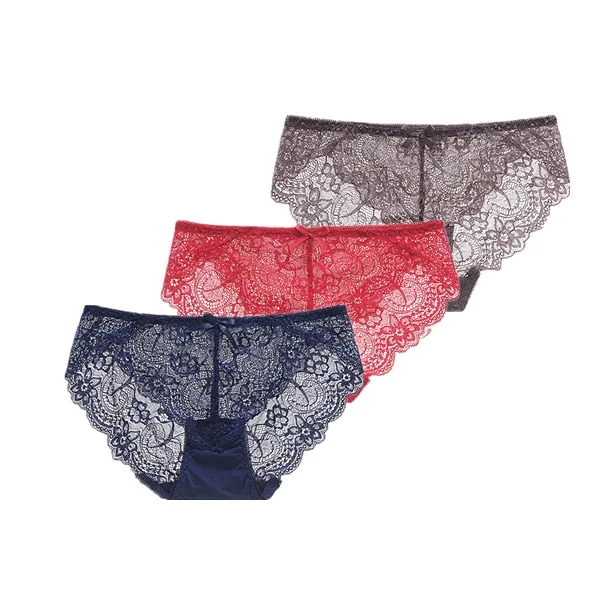 3Pcs/Lot Sexy Lace Underwear Women Transparent Low Waist Panties Cotton Crotch Briefs for Girls Breathable Seamless Lingeries