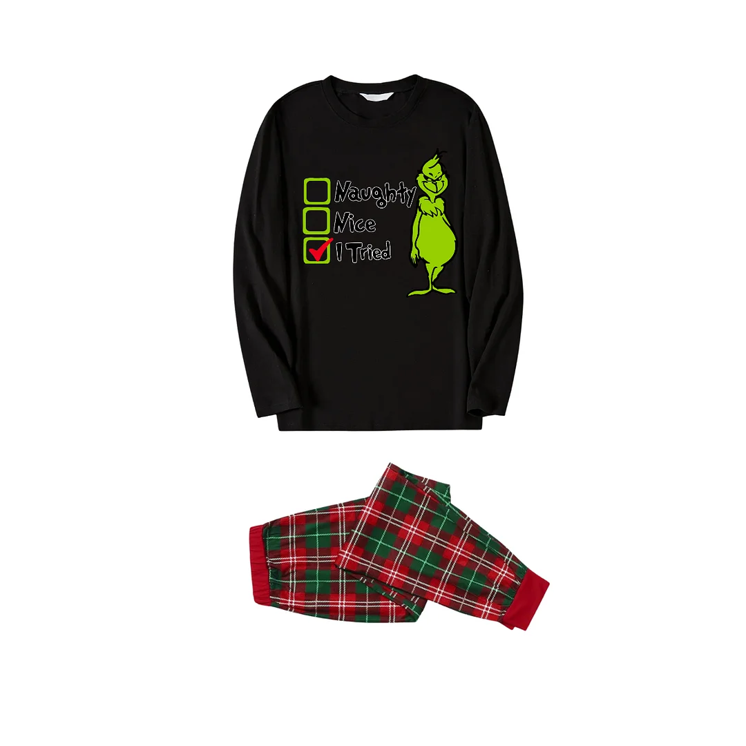Naughty Nice I Tried Text and Green Cartoon Pattern Black Red and Green Plaid Family Matching Pajamas