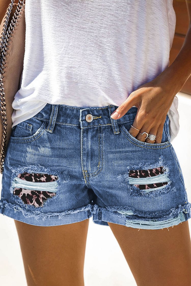 Leopard Patchwork Rolled Hem Denim Shorts