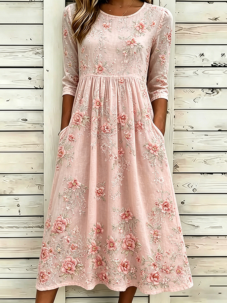 Comstylish Vintage Boho Pink Roses Embroidery Art Flowy Linen Maxi Dress