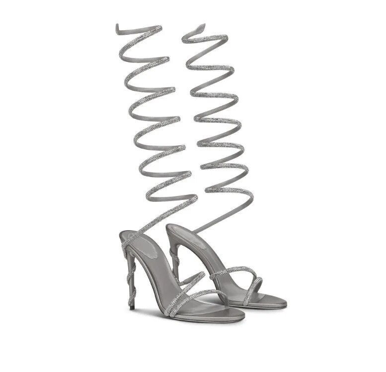 Rhinestone Ankle Wrap Stiletto Heels Round Toe One Word Belt Catwalk Silver Bottom Large Size Sandals 43