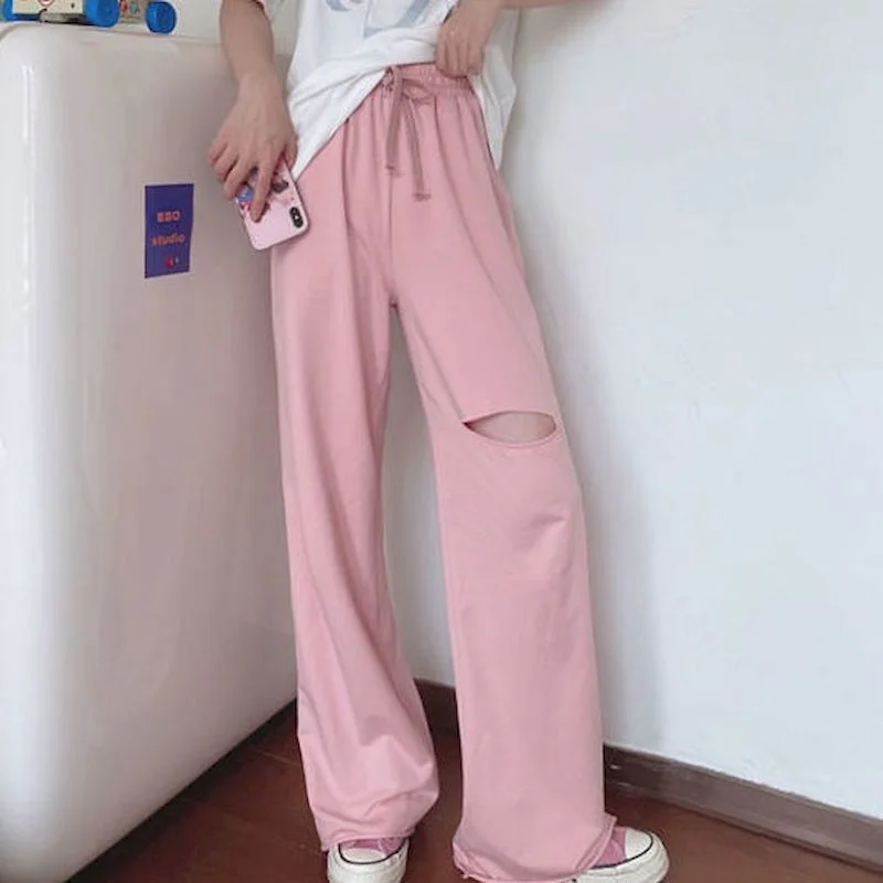 thin  jogger high waist hole Pants women sweatpants Korean style plus size 2020 wide leg loose sweat pants Ankle-Length