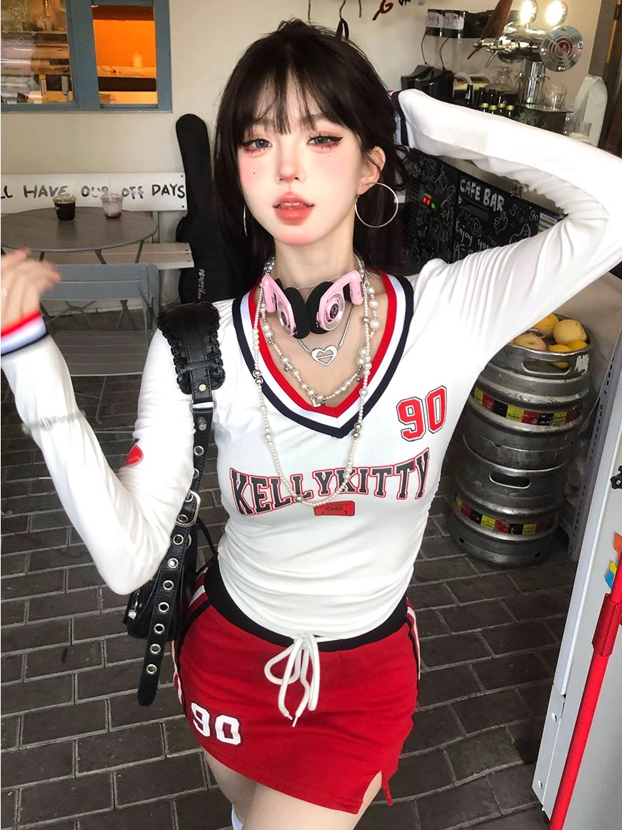Luxylanellc Korean Fashion Graphic T Shirts Women Streetwear Y2k Aesthetic Letter Printed Tees Kpop Grunge Long Sleeve Crop Tops