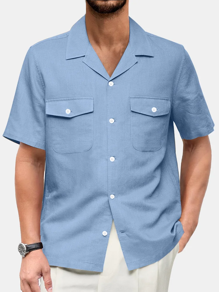 Men's Everyday Casual Solid Color Double Pocket Short Sleeve Shirt