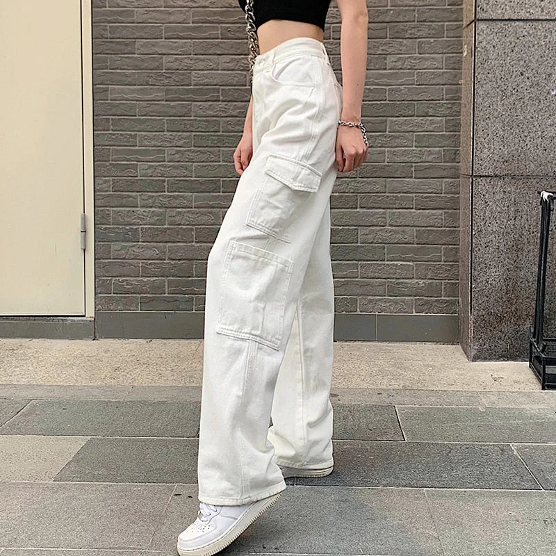 Graduation Gifts  2022 Vintage Women Fashion White Blue High Waist Casual Jeans Loose Omighty Wide Leg Pocket Cargo Pants Solid Overalls Trouser