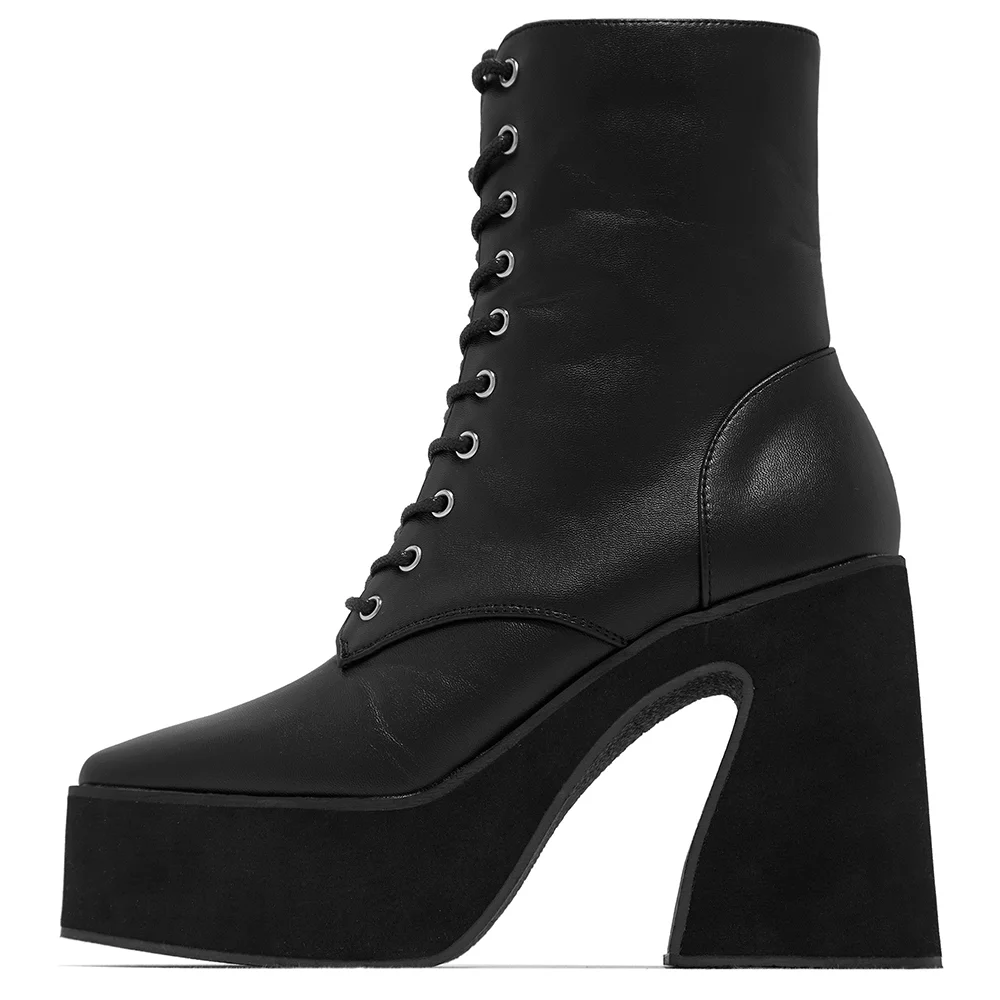 Full Black Lace Up Leather Boots Platform Chunky Heel Ankle Boots Nicepairs