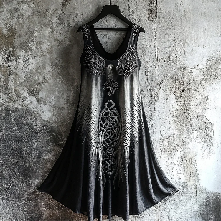 Vintage Raven Celtic Gradient 3d Graphics Linen Tank Dress