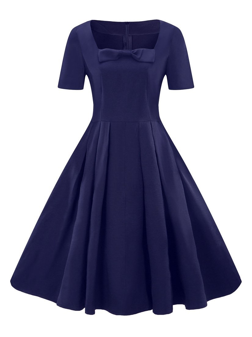 Women's Aline Dress Solid Color Short Sleeve Square Neck Bow Decor Dress