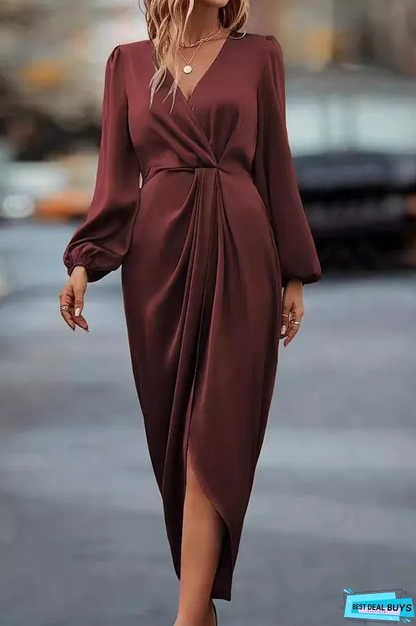 Satin V-neck Long-sleeved Slit Irregular Hem Midi Dress