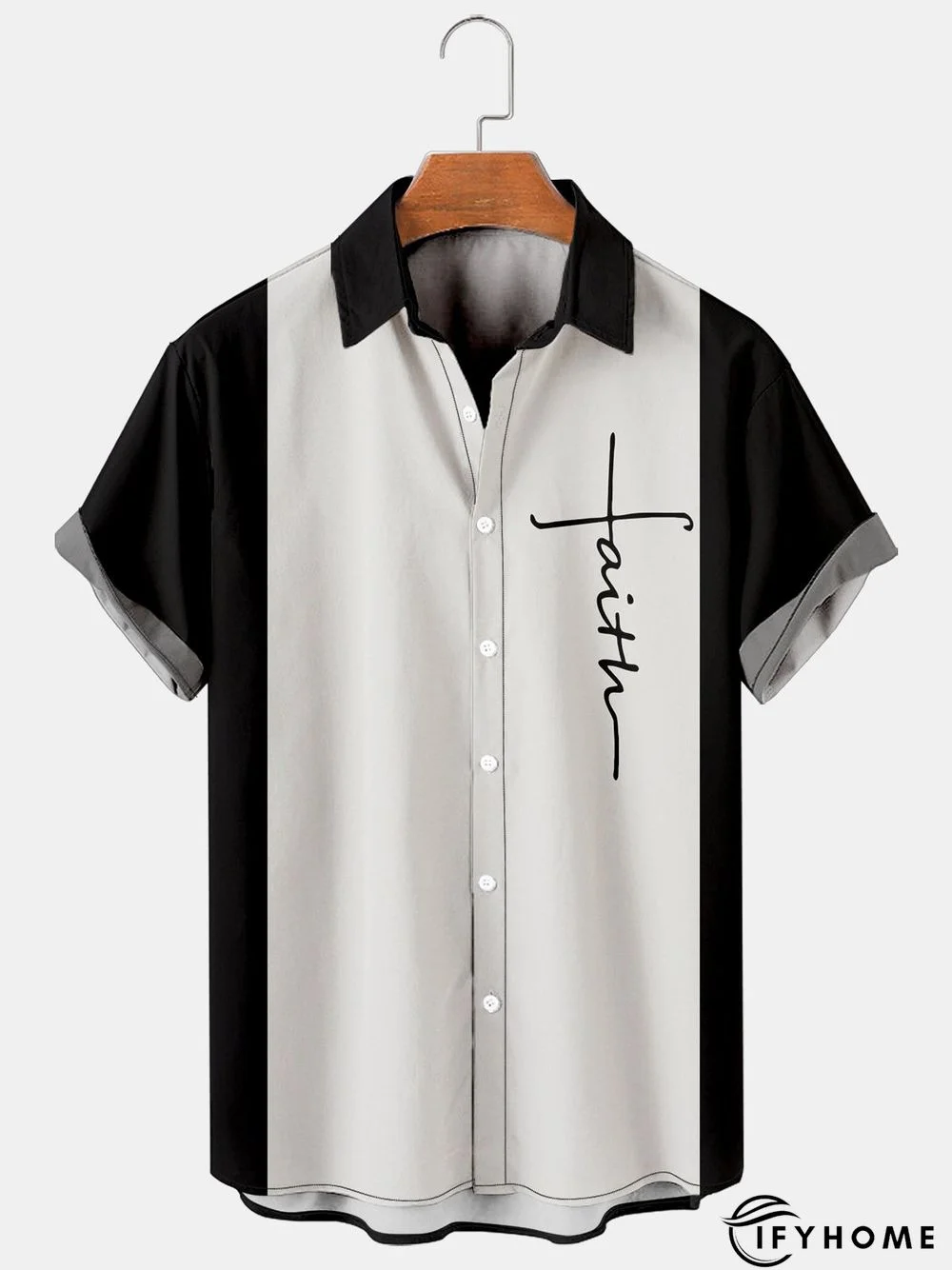 Mens Crucifix Print Casual Breathable Short Sleeve Bowling Shirt | IFYHOME