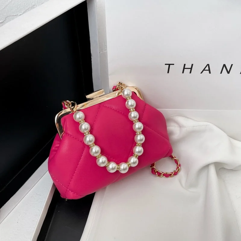էѧӧܧ Metal frame package Design Pearl PU Leather Bag Crossbody 2021 Summer Luxury Brand Chain Shoulder Handbags Purses