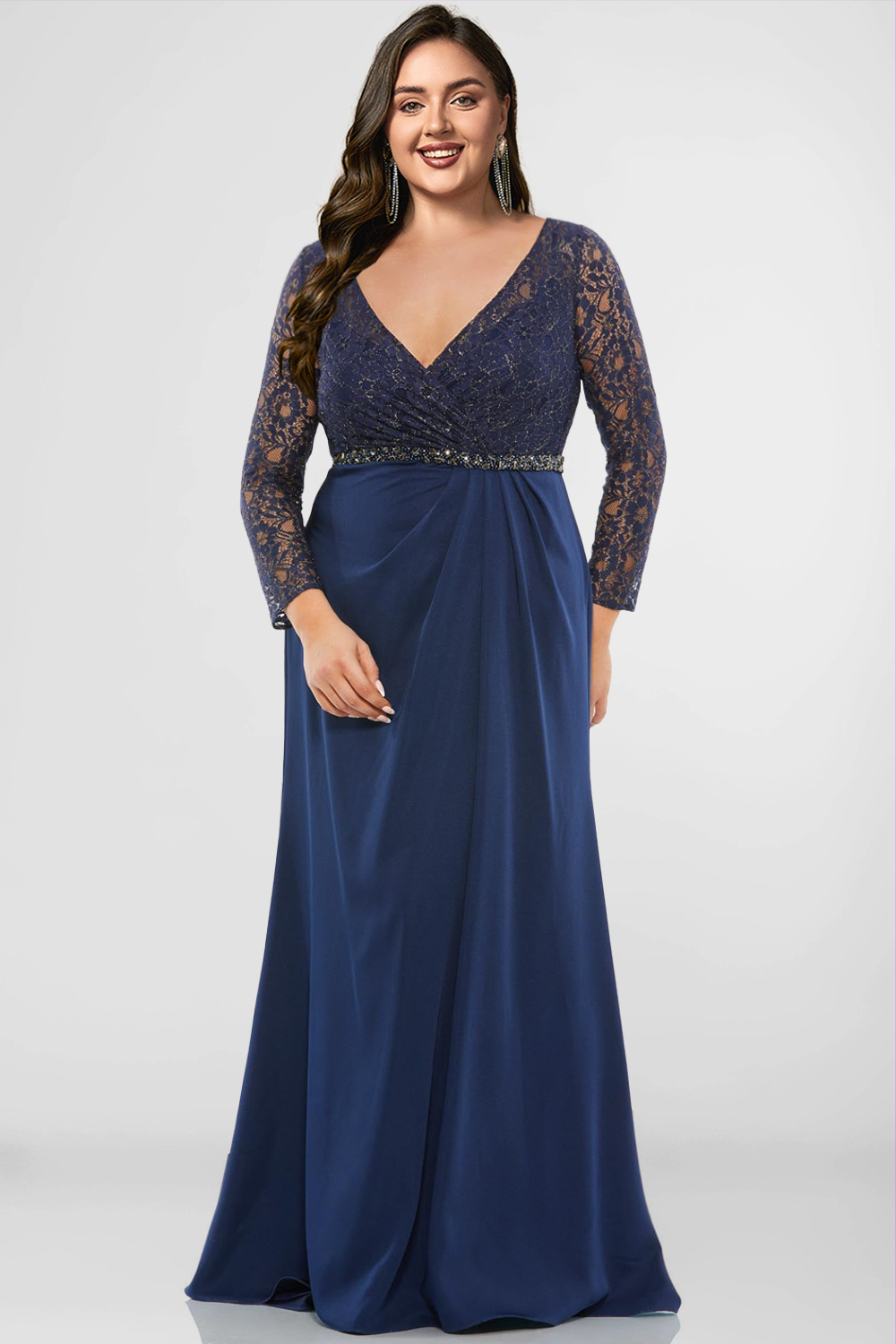 Flycurvy Plus Size Mother Of The Bride Dark Blue Sequined Lace Wrap Empire Waist Maxi Dress