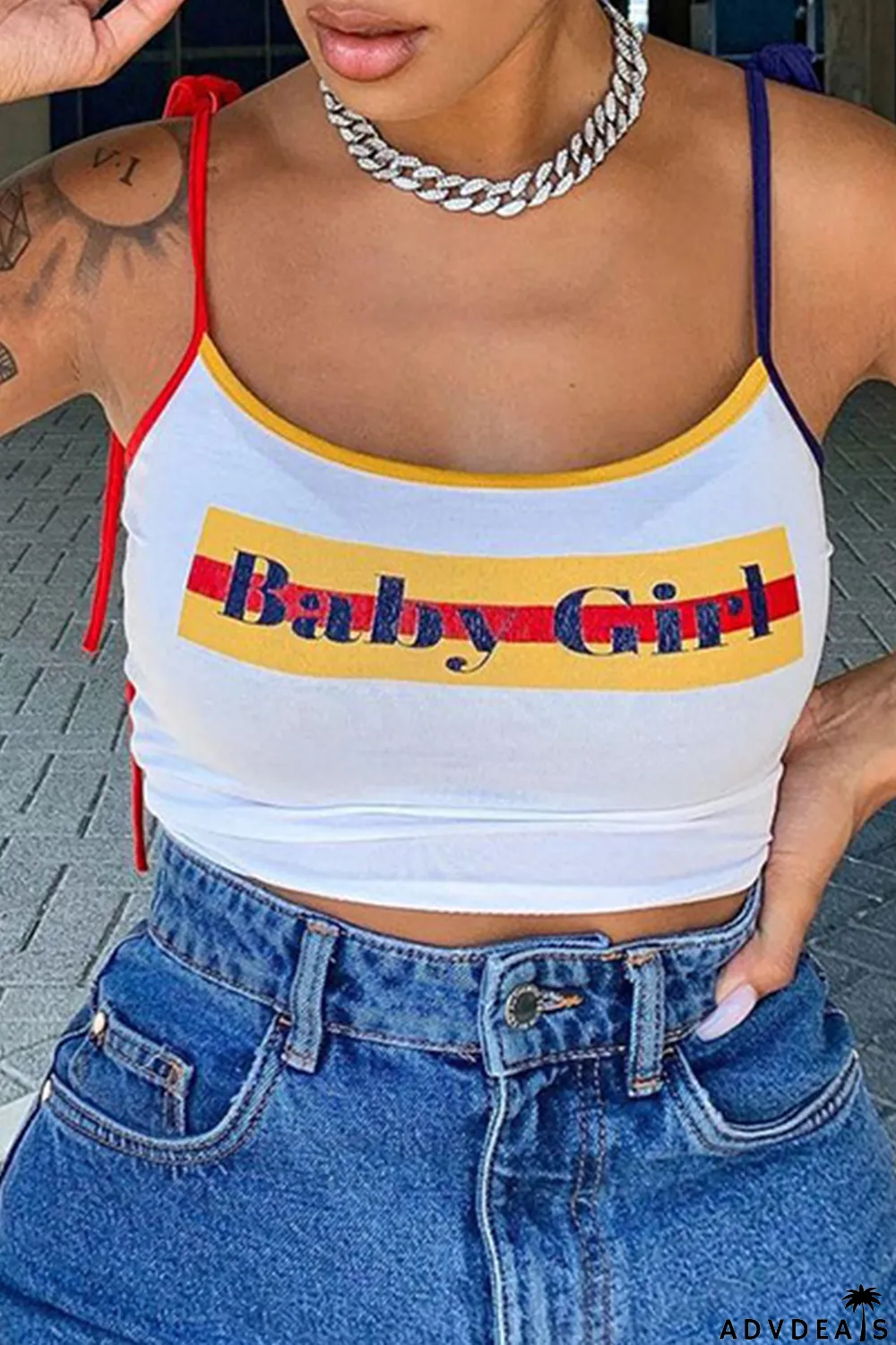 White Sexy Print Split Joint Spaghetti Strap Tops