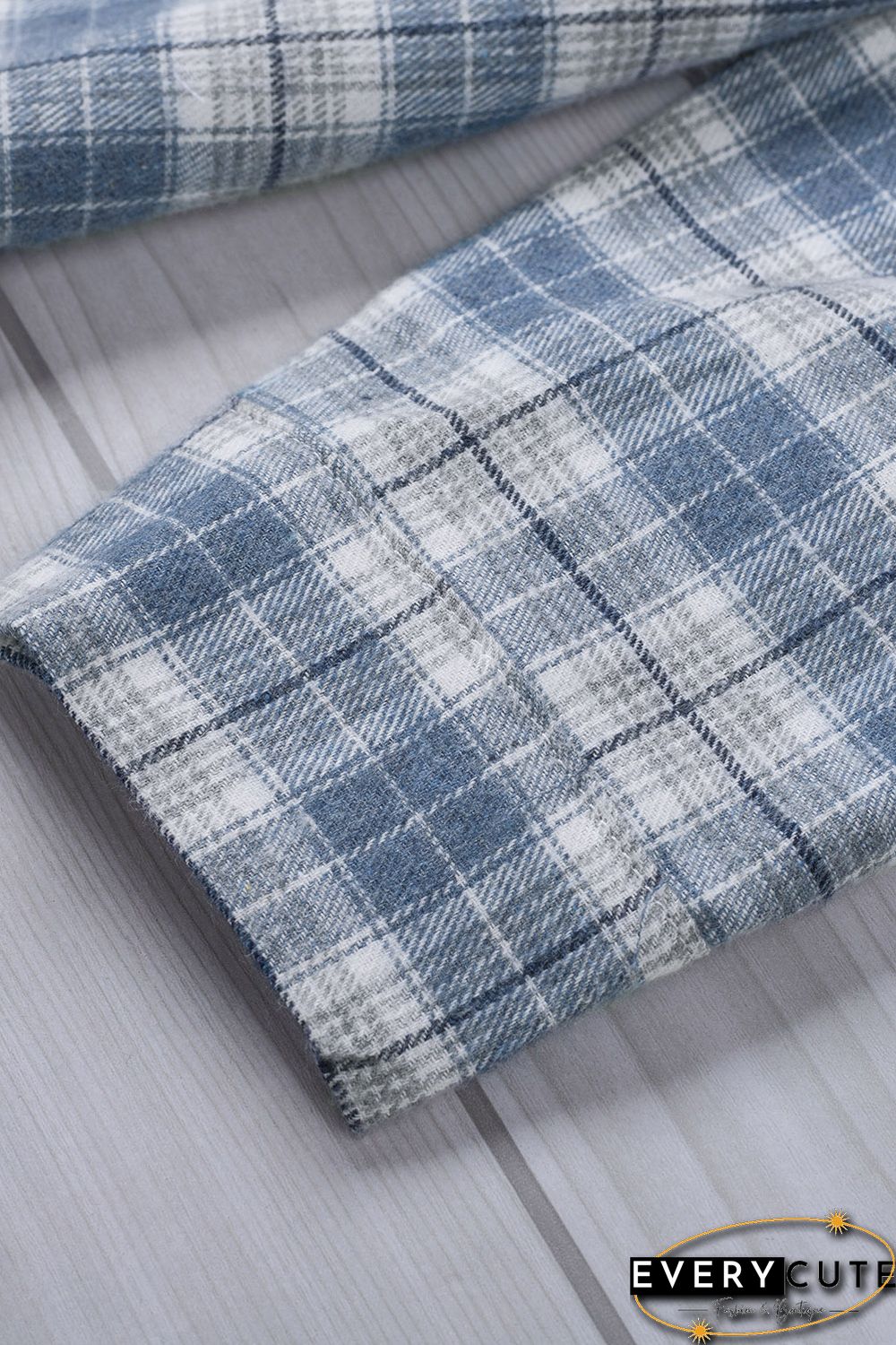 Sky Blue Plaid Color Block Pocket Button-up Long Sleeve Shirt