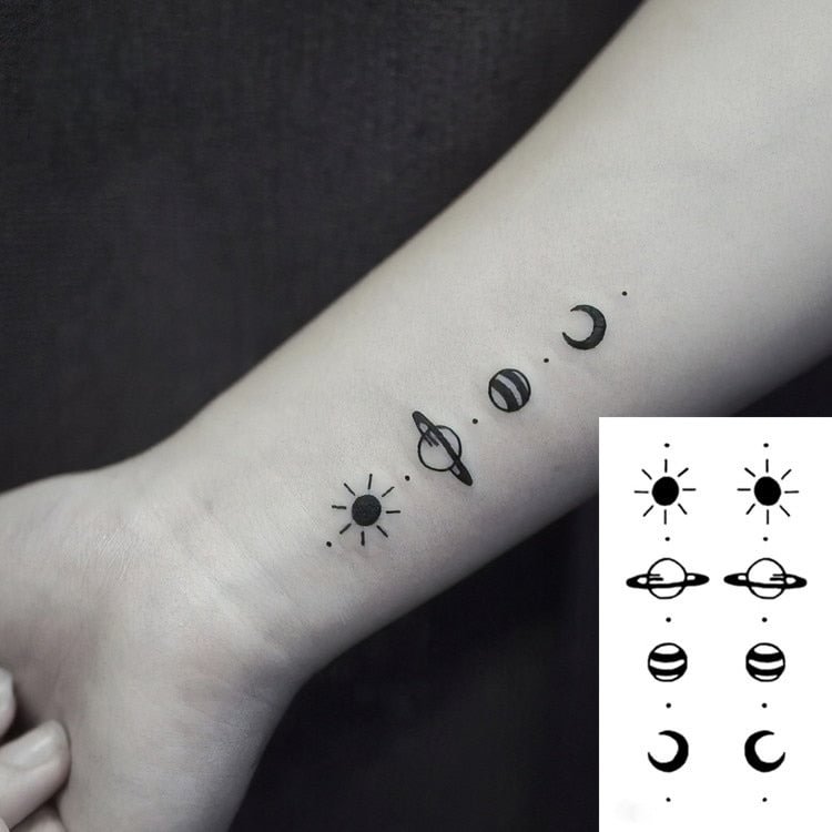 Tattoo Sticker Body Art Black White Drawing Little Element Planet Sun Moon Star Water Transfer Temporary Fake Tatto Flash Tatoo