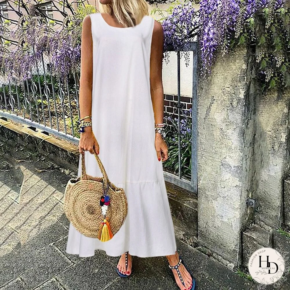 Sumemr Beach Holiday Sundress Women Sleeveless Ruffles Hem Long Dress Cotton Linen Casual Loose Pleated Kaftan Dress Plus Size