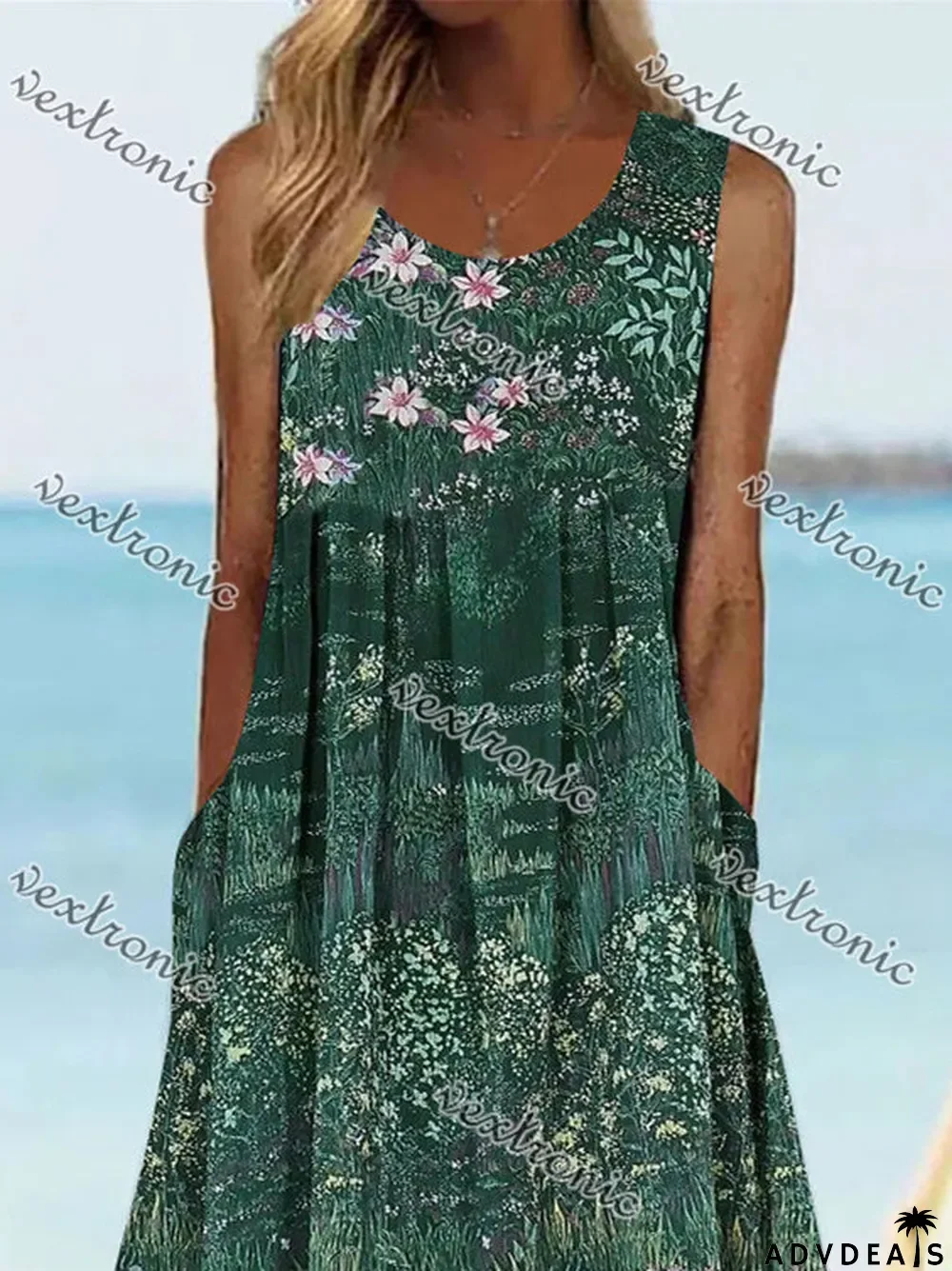 Women's Green Sleeveless Scoop Neck Pockets Graphic Floral Printed Midi Dress