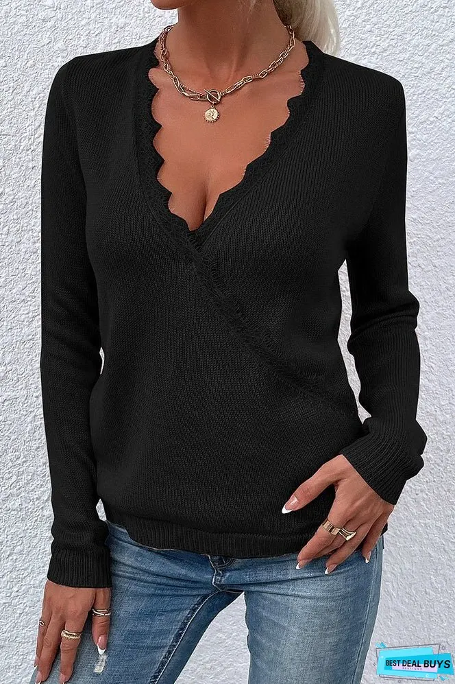 Autumn Outfits Deep V Neck Lace Splicing Knitting Sweater