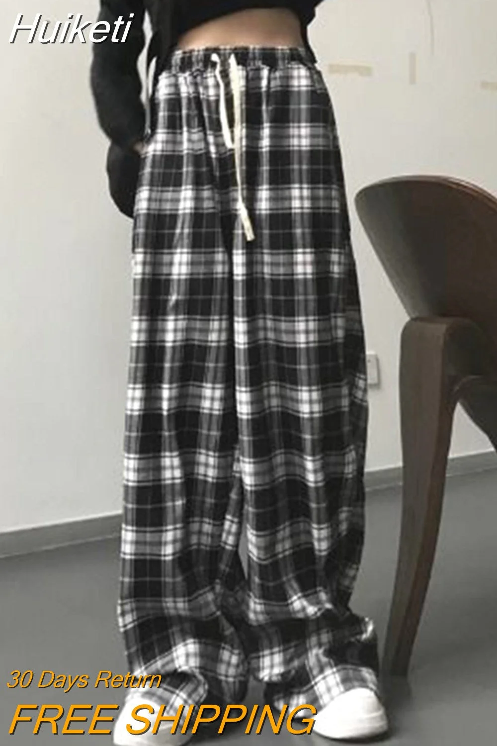 Huiketi Fashion Drawstring Women Plaid Pants Black Casual Oversize Loose Wide Leg Trousers Teens Harajuku Hip-hop Streetwear 4XL