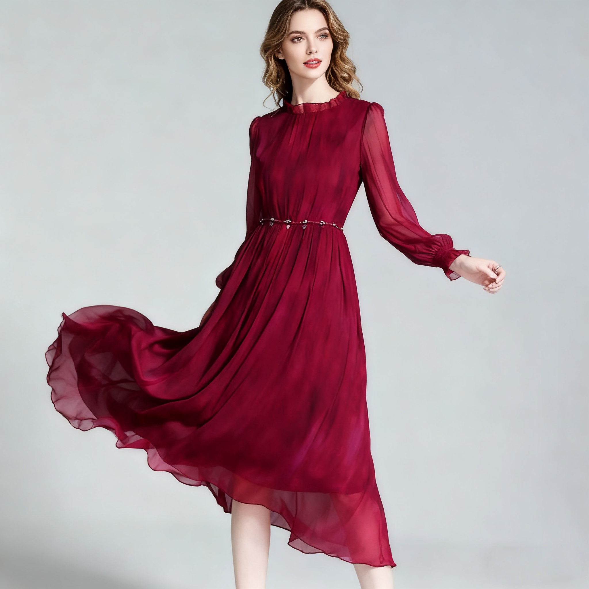 Red Silk Dress Flared Sleeves For Wedding Guest REAL SILK LIFE