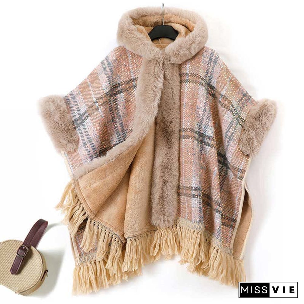 Plaid Print Furry Collar Fringed Casual Hooded Cloak Coat