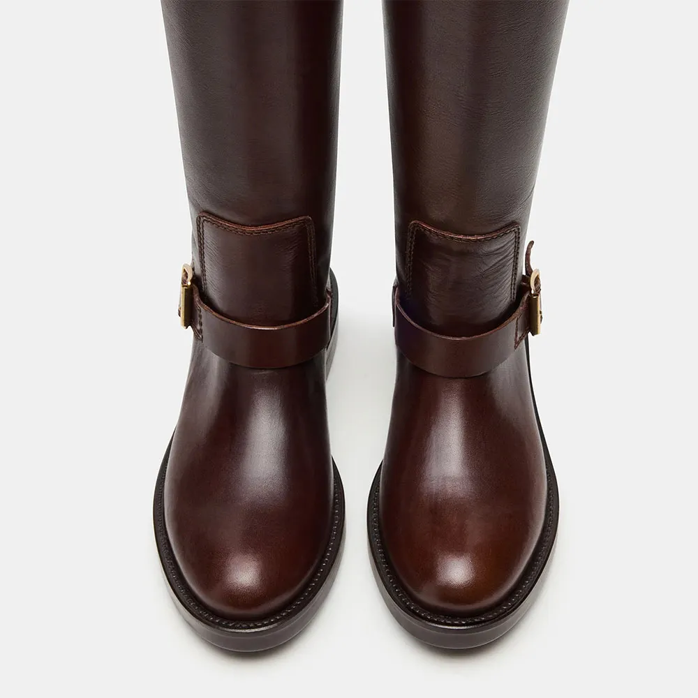 Brown Faux Leather Round Toe Knee High Heeled Boots with Buckle