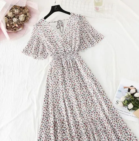 2020 Slim V Neck Summer Midi Long Dress Vestido Party Short sleeve Chiffon dress Women Casual Elegant print A-Line Vestidos