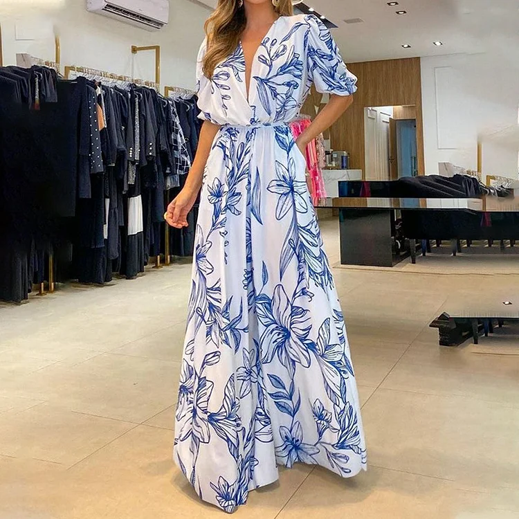 Comstylish Fashion Print V Neck Maxi Dress