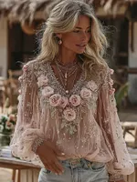 Women's Vintage Pink Flowers Art Linen Blend T-shirt