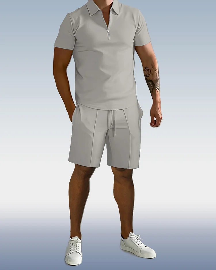 Suitmens Men'sPlain Zipper POLO Short Sleeve Set 0095