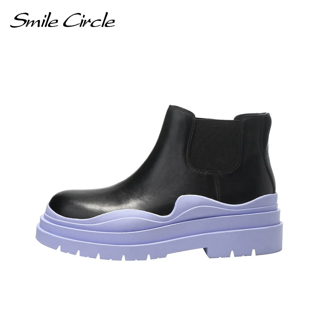 Smile Circle Ankle Boots Women Flats Platform shoes Genuine Leather Fashion Thick bottom Ladies Short Boots 2021