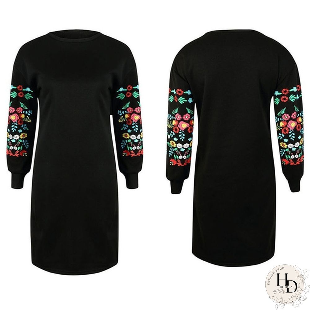 Autumn Women O-neck Long Sleeve Floral Print Patchwork Pullover Plus Size Loose Casual T Shirt Dress