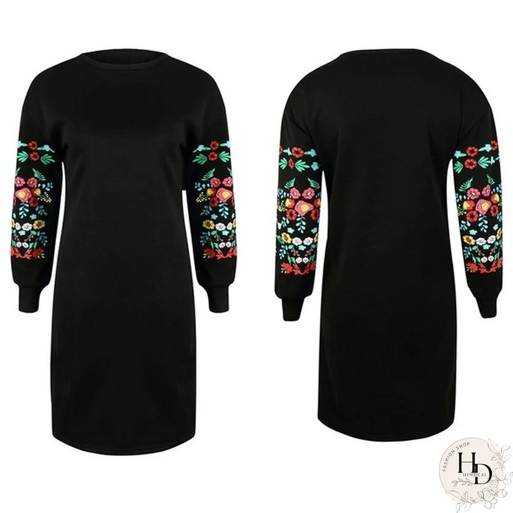 Autumn Women O-neck Long Sleeve Floral Print Patchwork Pullover Plus Size Loose Casual T Shirt Dress