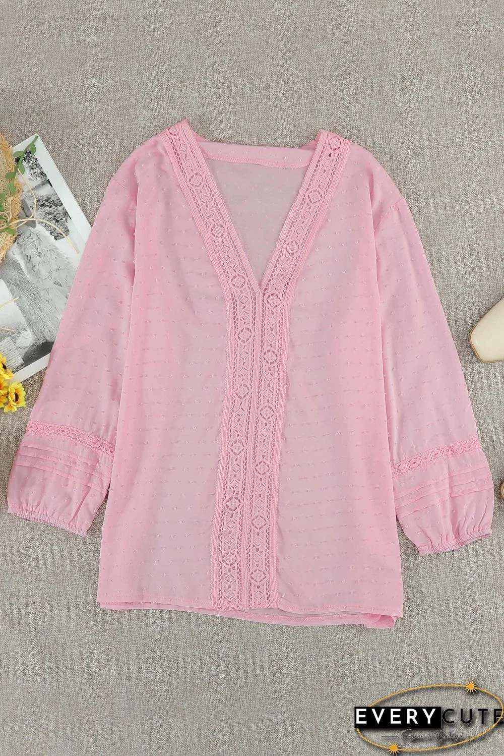 Pink V Neck 3/4 Sleeve Swiss Dot Casual Shirt