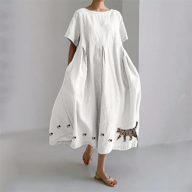 Cat & Paw Prints Embroidered Pleated Linen Blend Maxi Dress