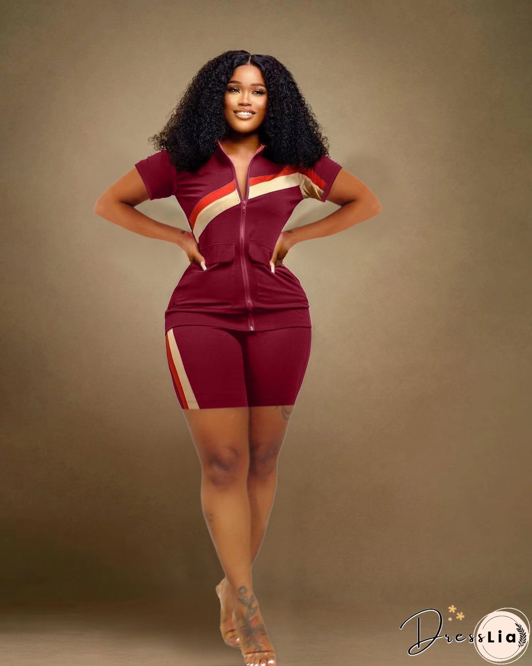 Women's Sports Casual Fashion Zip Pocket Top Shorts Two-Piece Set