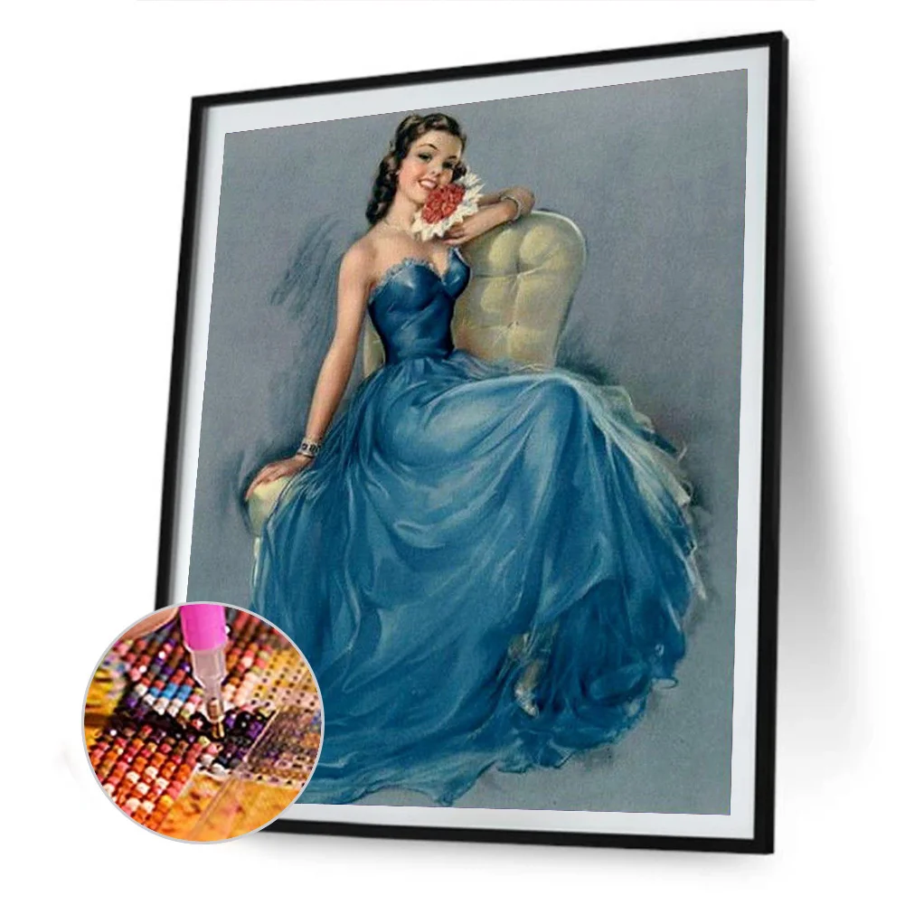 Full Round Diamond Painting 30*40cm - Woman In Blue Dress