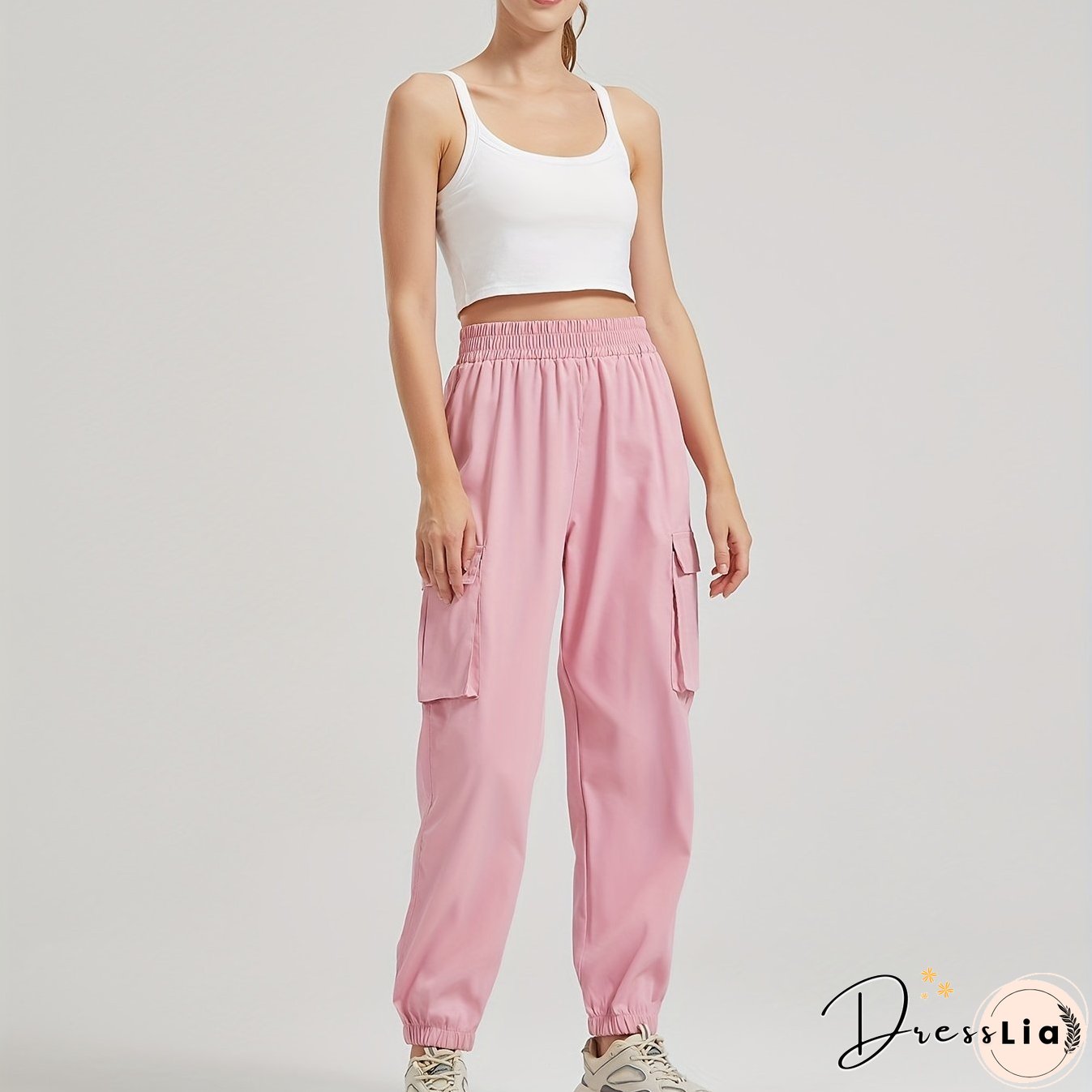 Solid Color Casual Joggers Sweatpant, Cargo Loose High Waisted Pants With Pockets, Women's Athleisure