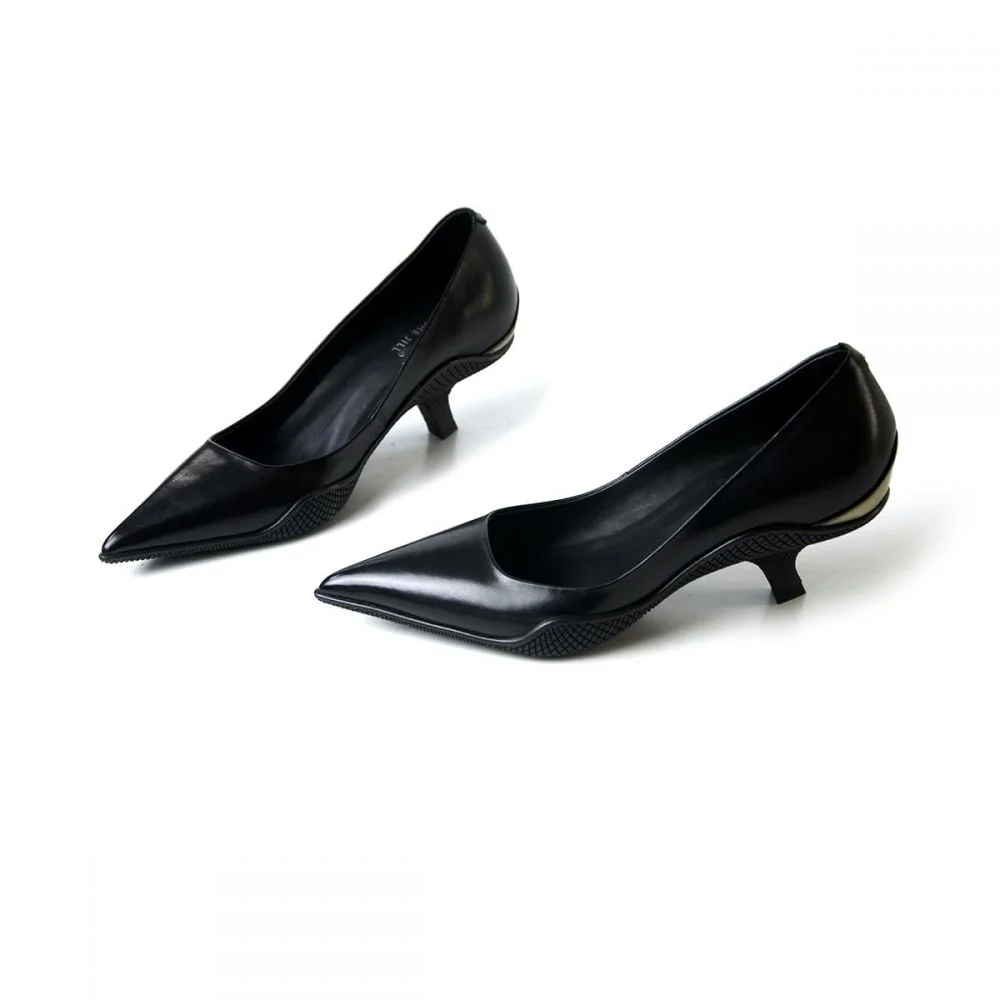 Black Leather Pointed Toe Comma Heel Pumps with Two-Color Stitching Nicepairs