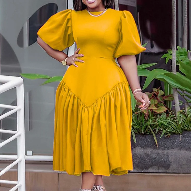 New Dresses for Women One Shoulder Solid Flare Sleeve High Waisted A Line Mid Calf Elegant Vintage Birthday Party Dress Retro QueenFunky