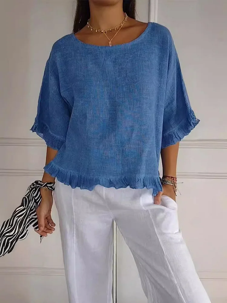 🎁💕Women's round neck ruffled hem mid-sleeve cotton and linen top